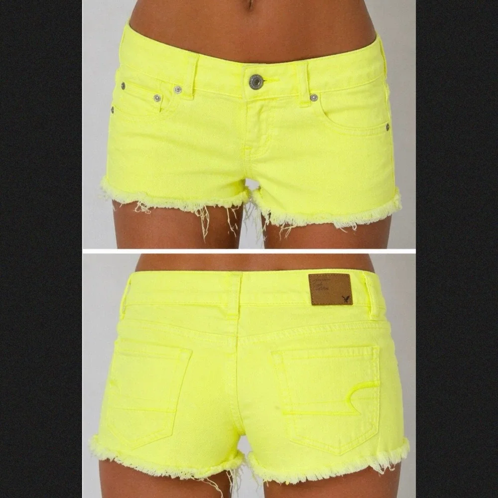 American Eagle AE Neon Volt Yellow Denim Shorts Size 2 Frayed Y2K Festival EUC
